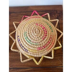 Vintage Hand Woven Sunburst Straw Basket with Lid Colorful Boho Decor -as is